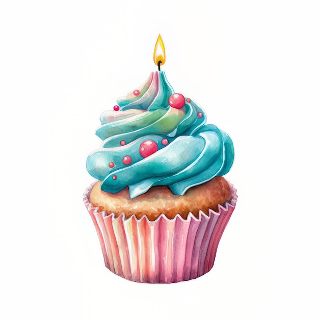 Cupcake with candle Watercolor illustration isolated on white background