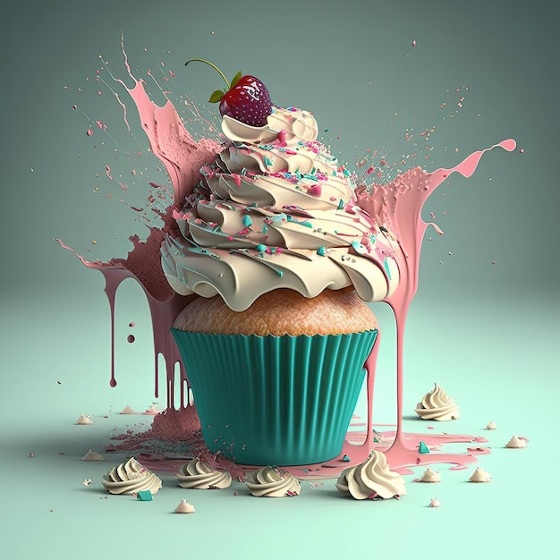 A cupcake with a cherry on top is being eaten by a large cupcake.