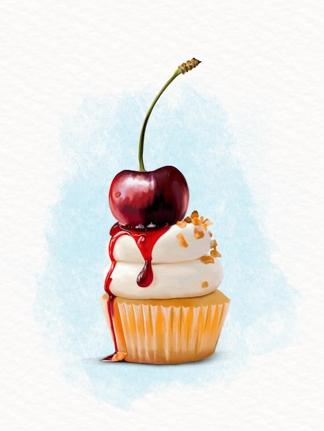 Foto un cupcake con una ciliegia in cima è dipinto con acquerelli.