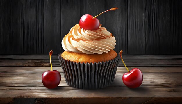 Cupcake with cherry on wooden background