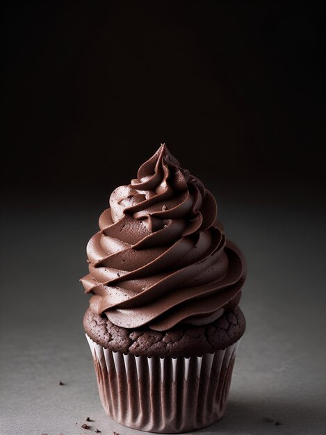 A cupcake with chocolate cream on a dark background