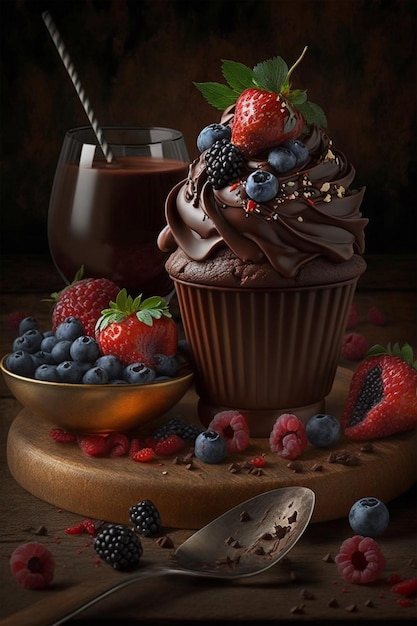 초콜릿 프로스팅과 딸기가 얹어진 컵케이크