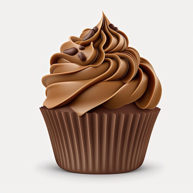 A cupcake with chocolate frosting and chocolate icing.