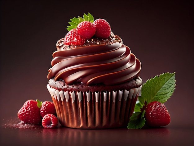 A cupcake with chocolate frosting and a raspberry on top.