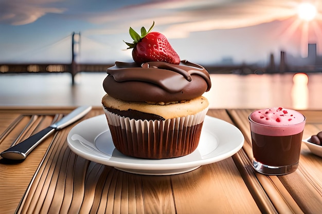 A cupcake with chocolate frosting and a strawberry on top.