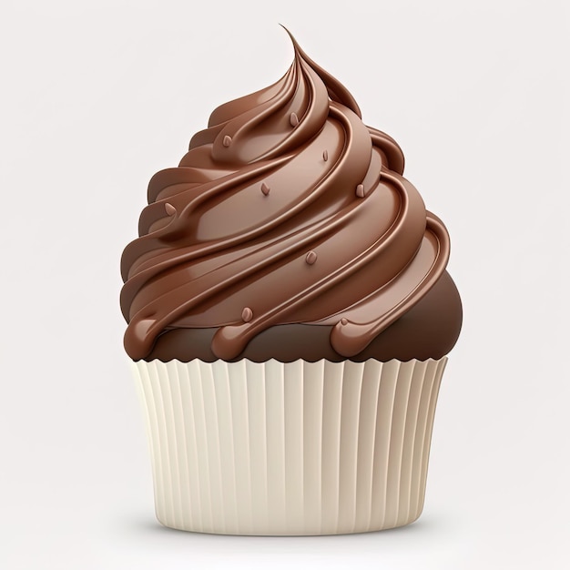 A cupcake with chocolate frosting and a white paper liner.