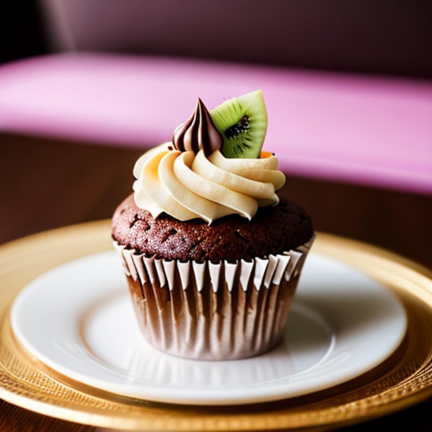 A cupcake with chocolate and kiwi on top