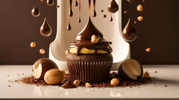 Cupcake with chocolate and nuts being poured into it creating a delicious and indulgent treat