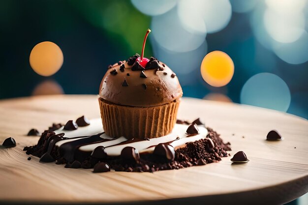 A cupcake with chocolate and white chocolate on top of it.