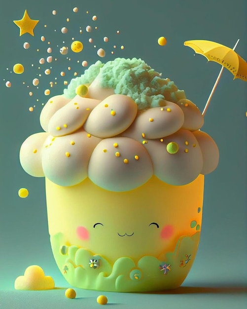 A cupcake with a cloud on it and a yellow umbrella