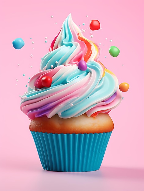 Cupcake with colorful cream on pink background