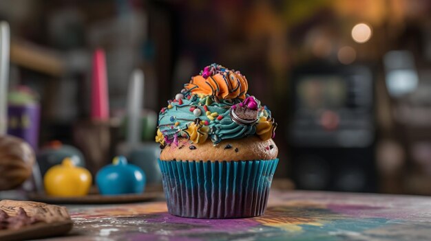 A cupcake with a colorful frosting on it