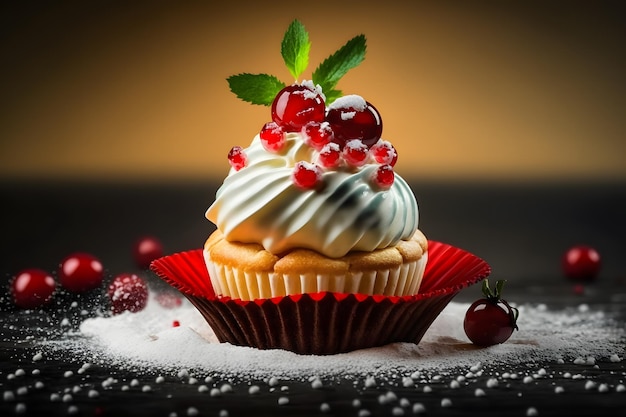 A cupcake with cranberries and cherries on top Generative AI