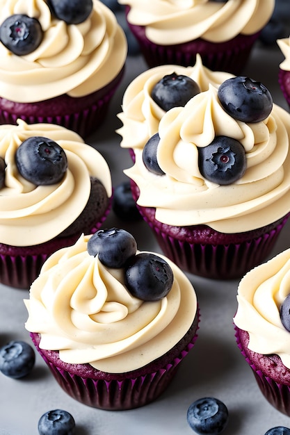 A cupcake with cream cheese frosting and blueberries.