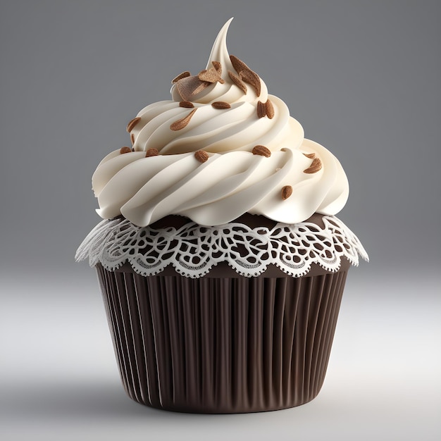 회색 바탕에 크림과 초콜릿이 있는 컵케이크 3D 일러스트레이션