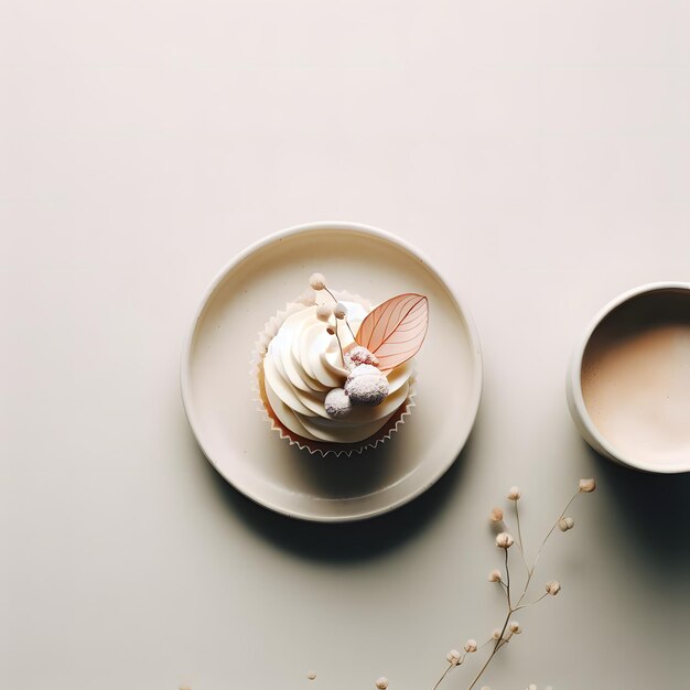 Cupcake with cream and coffee on a white background Minimal style delicious white bakery