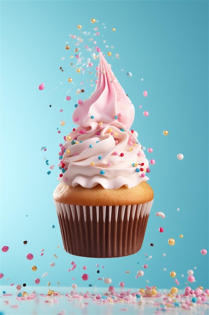 Cupcake with cream and sprinkles on top Levitating cupcake pastel colors Blue background