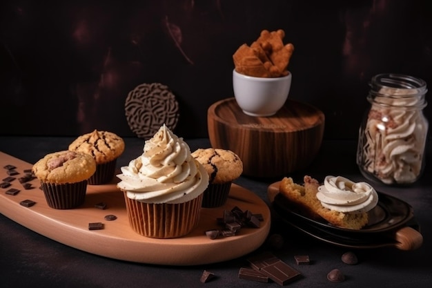 Cupcake with frosting cookies and biscotti for decoration created with generative ai