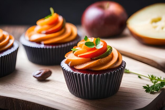 A cupcake with fruit on it sits on a wooden board