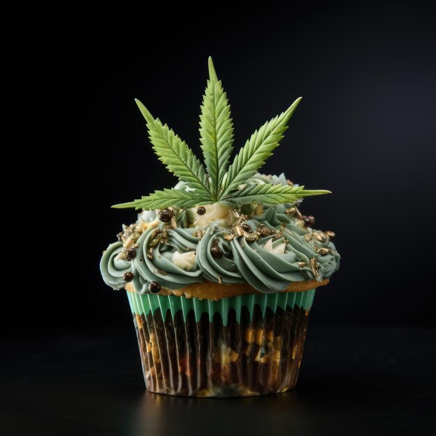 Photo a cupcake with green leaves on top of it