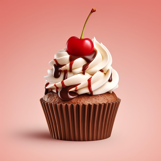 a cupcake with an icing and a cherry on pink background