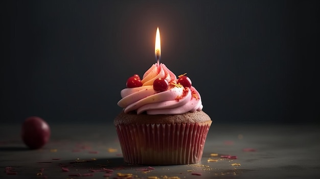 Cupcake with icing and frosting and with a burning birthday candle Generative ai