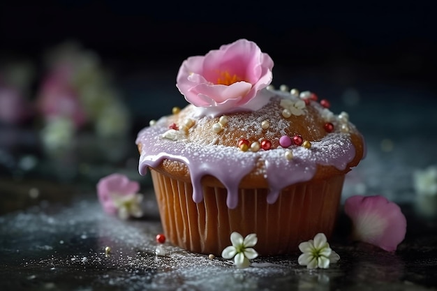 Cupcake with icing pearls and flowers