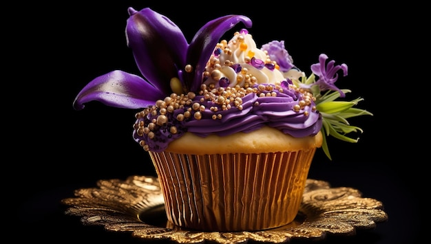 Cupcake with lilac frosting and a flower on a black background the concept of celebrating mardi gras