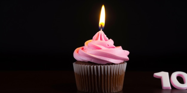 A cupcake with a lit candle on it