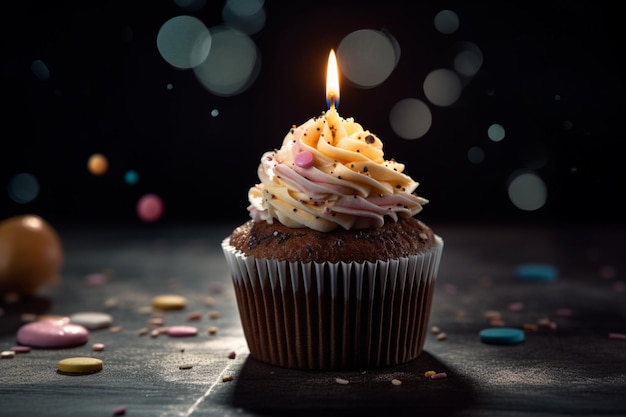 A cupcake with a lit candle sits on a dark table.