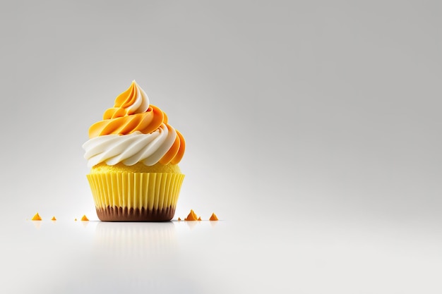 a cupcake with mango whipped cream isolated on white background with copy space