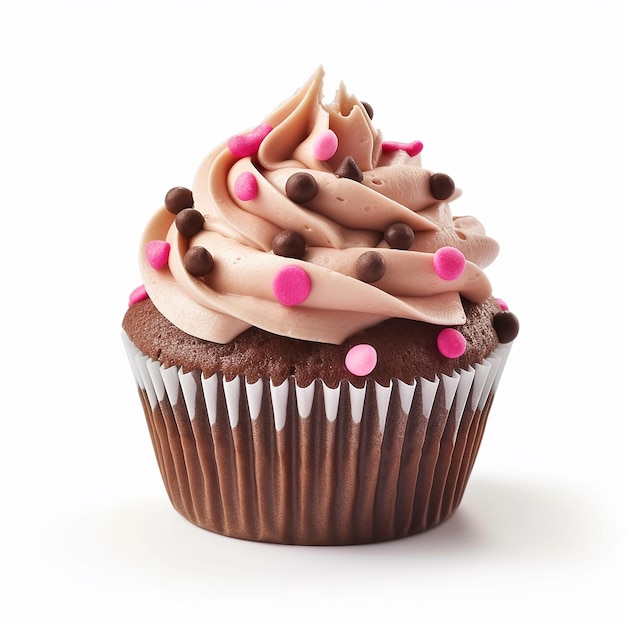 Photo a cupcake with pink and brown sprinkles and chocolate frosting.