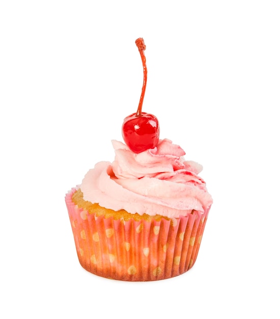 Cupcake with pink cream and cherry isolated on white background