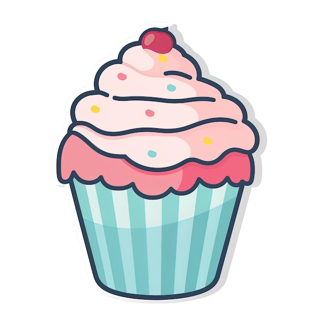 a cupcake with pink frosting and a blue and white striped background.