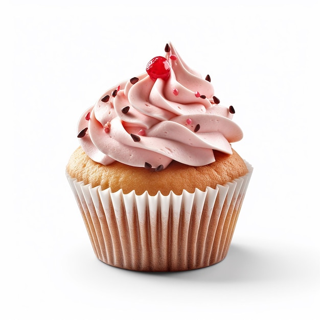 A cupcake with pink frosting and a cherry on top.