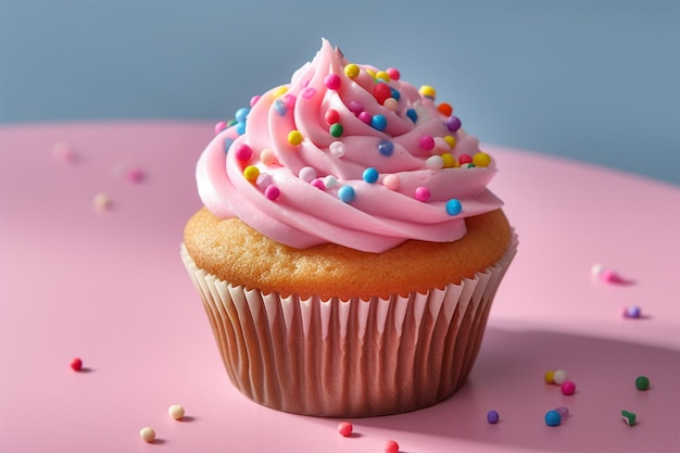 A cupcake with pink icing and sprinkles on a pink table.