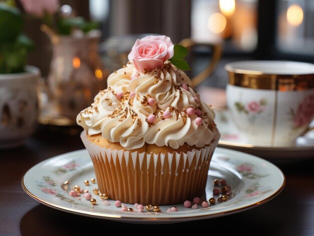 Cupcake with pink rose and cup of coffee on the table