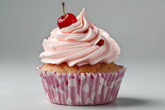 Cupcake with pink whipped cream and cherry close up isolated on white background ar c v