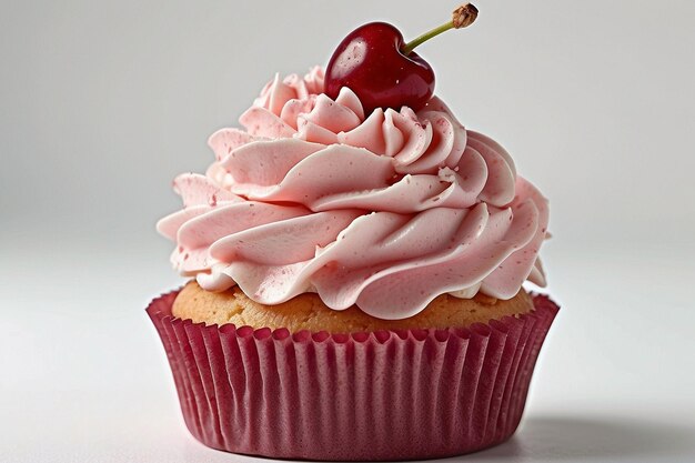 Cupcake with pink whipped cream and cherry close up isolated on white background ar c v