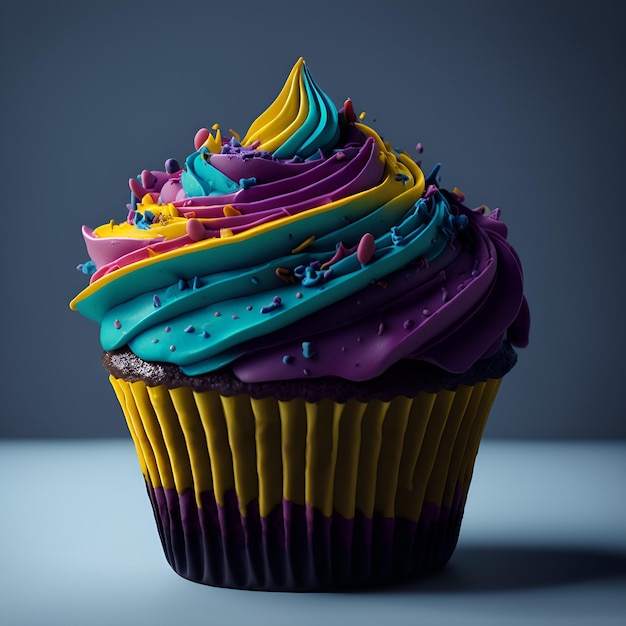 A cupcake with purple, pink, and blue frosting on it.