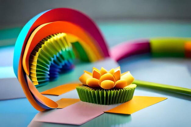 a cupcake with a rainbow colored wrapper on it