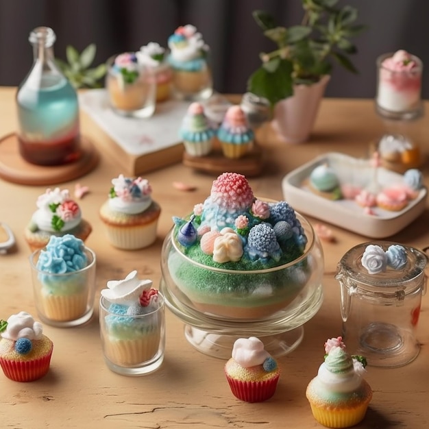 A cupcake with a rainbow design sits on a table next to other cupcakes.