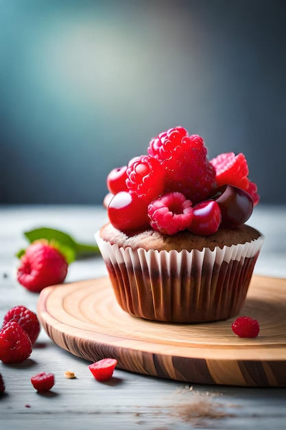 A cupcake with raspberries on top