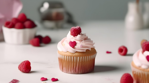 A cupcake with a raspberry frosting and a raspberry on top.