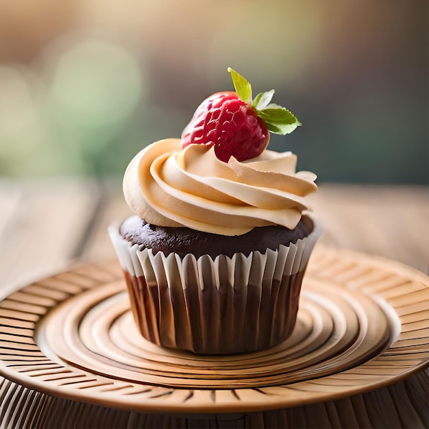 Photo a cupcake with a raspberry on top sits on a plate.