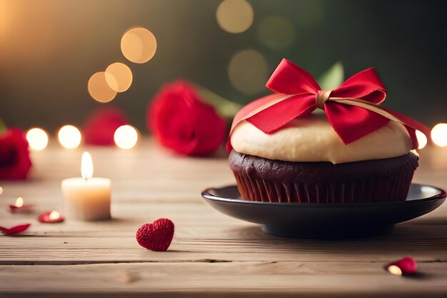 A cupcake with a red bow sits on a table with a candle in the background.