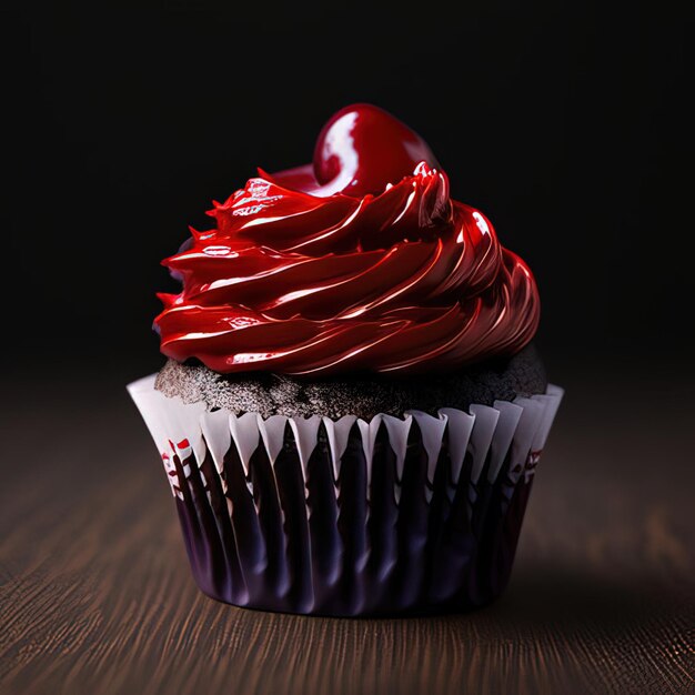 A cupcake with red icing and a heart on the top.