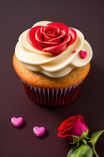 A cupcake with a red and white frosting and a red flower on top.