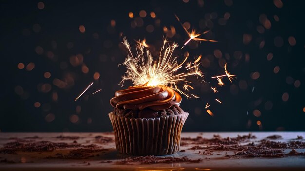 A cupcake with a sparkler on it