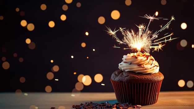 A cupcake with a sparkler on it